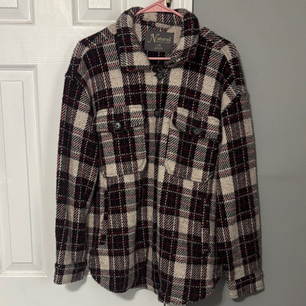 NATURAL LIFE Cream, Black & Burgundy Plaid Shacket